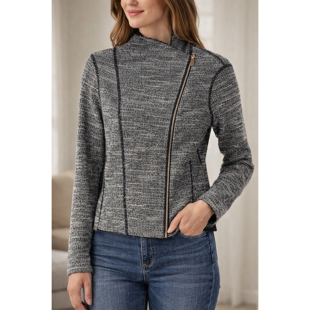 Three Dots Moto Zip Jacket Womens Small Black Textured Asymmetrical Zip Fitted